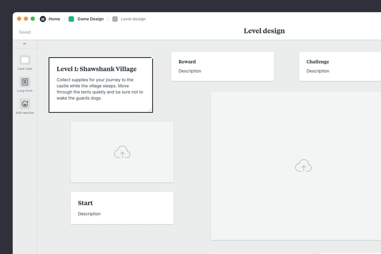 Adding concept to a game level design template