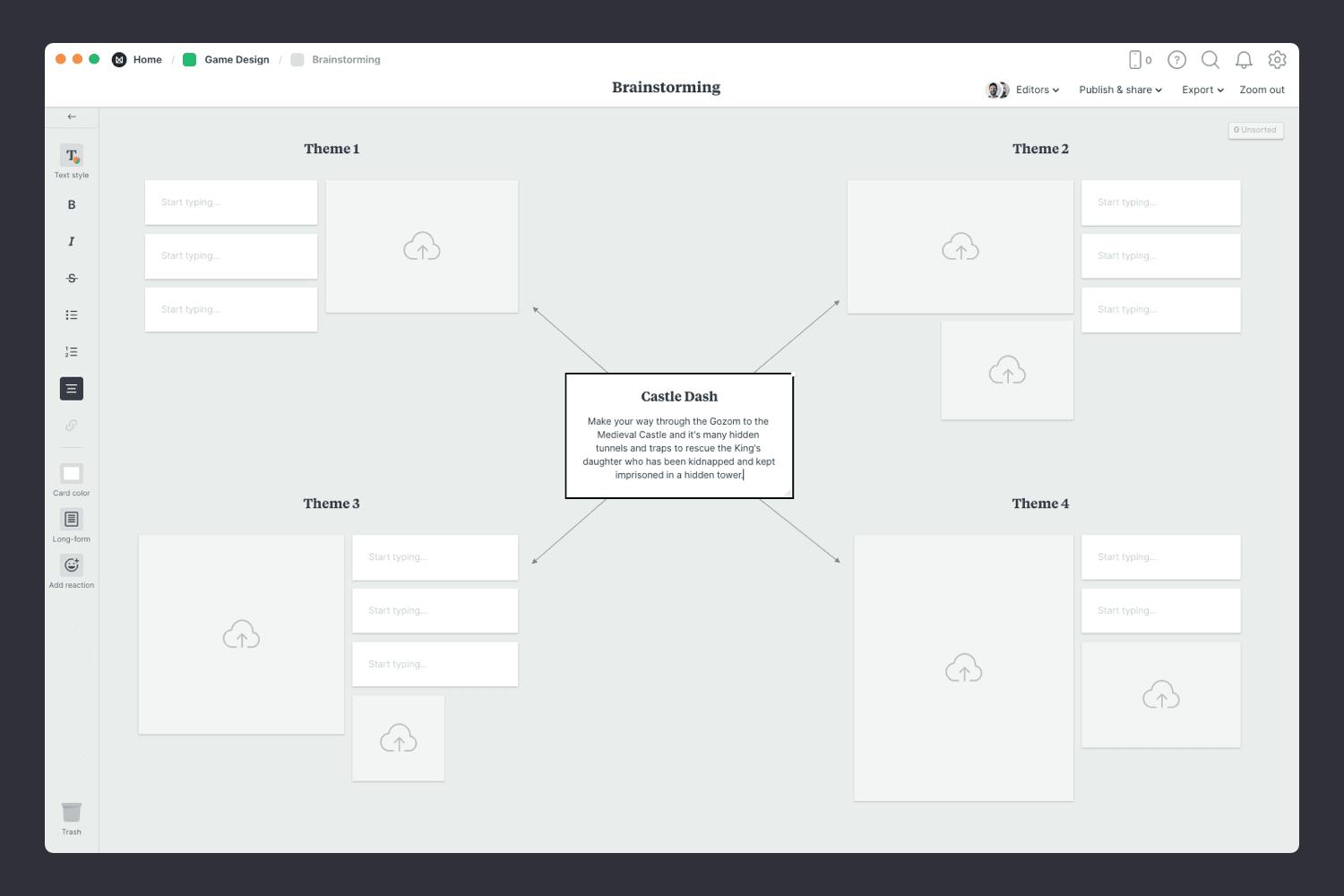 Game design brainstorming template concept