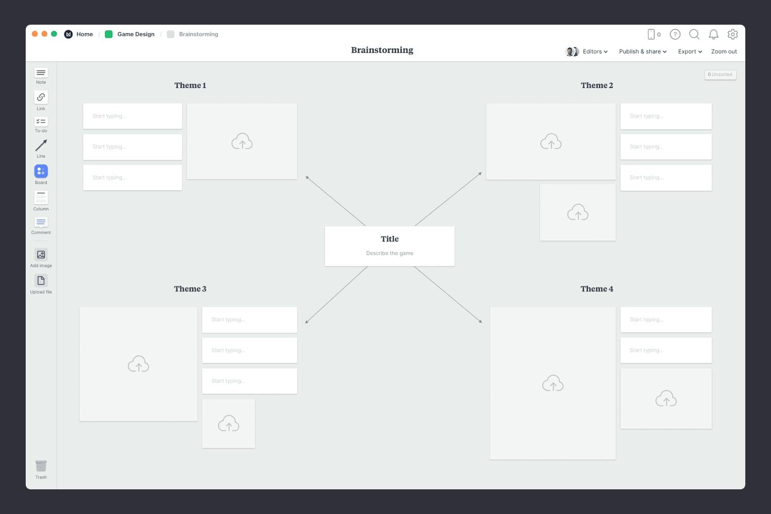 Game design empty brainstorming template