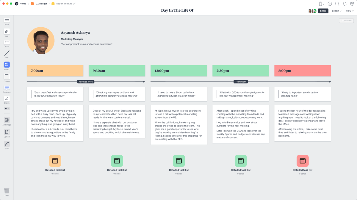 Day In the Life Of Template, within the Milanote app