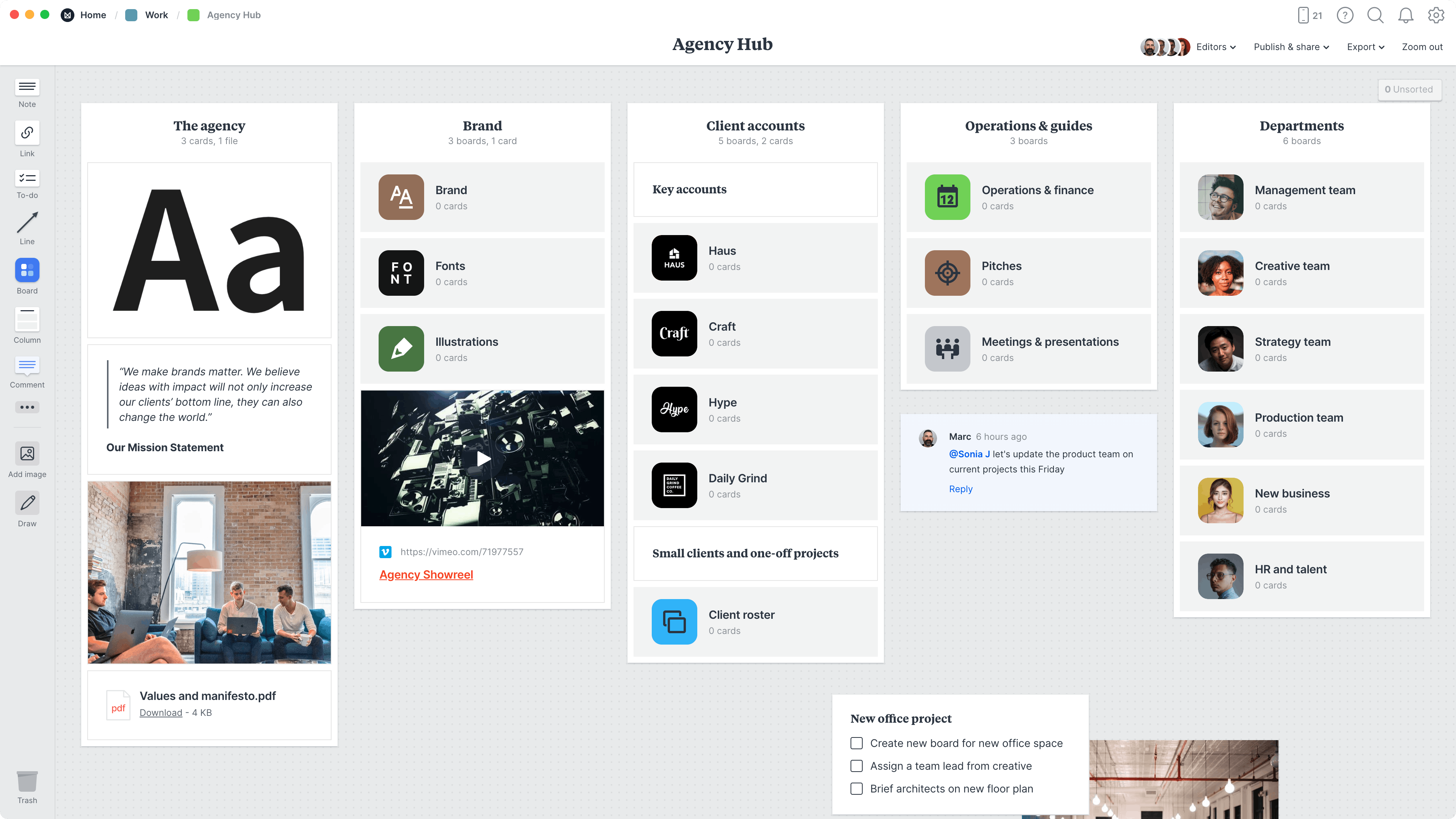 Agency Hub Template, within the Milanote app