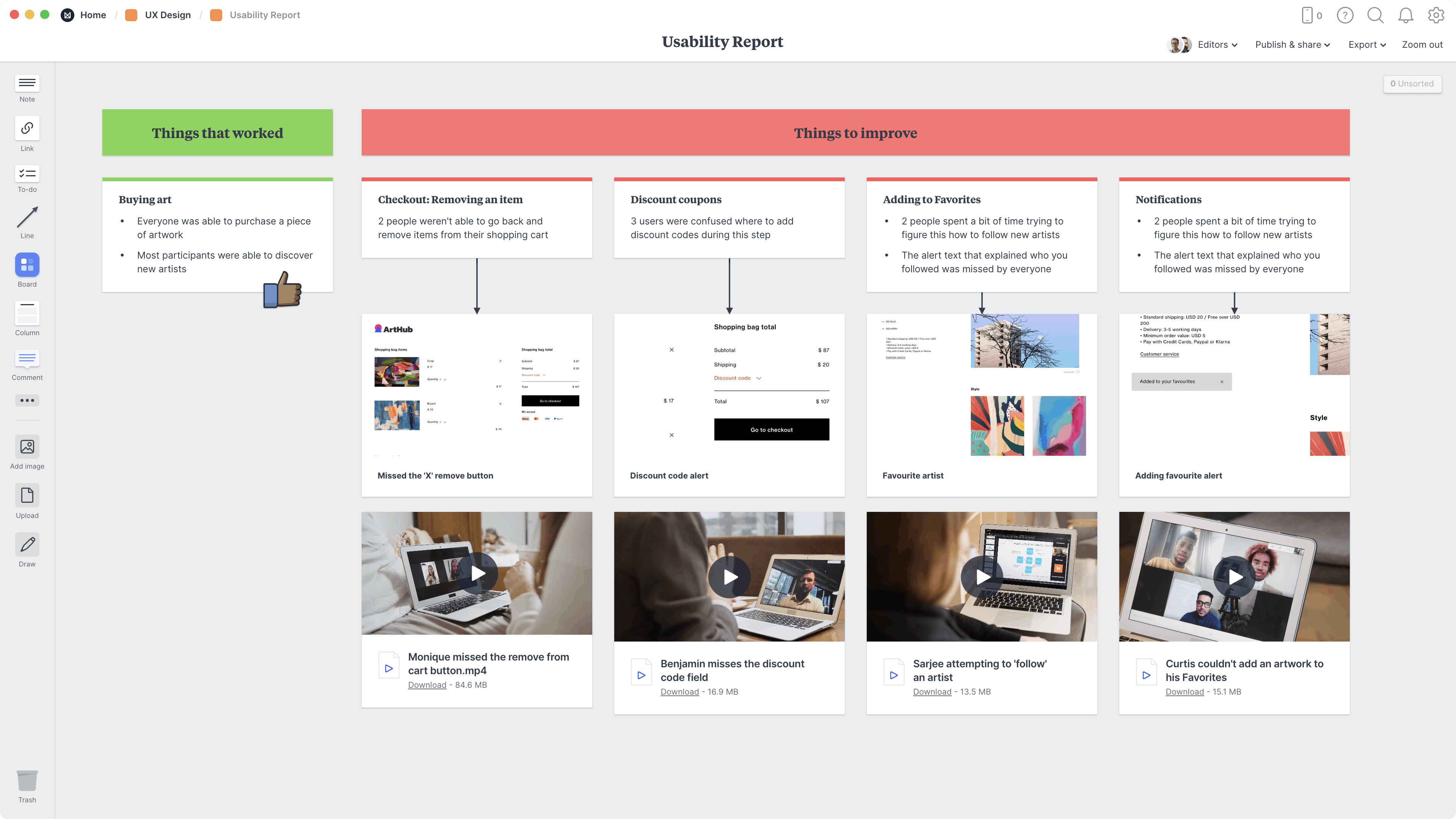 Usability Report Template, within the Milanote app