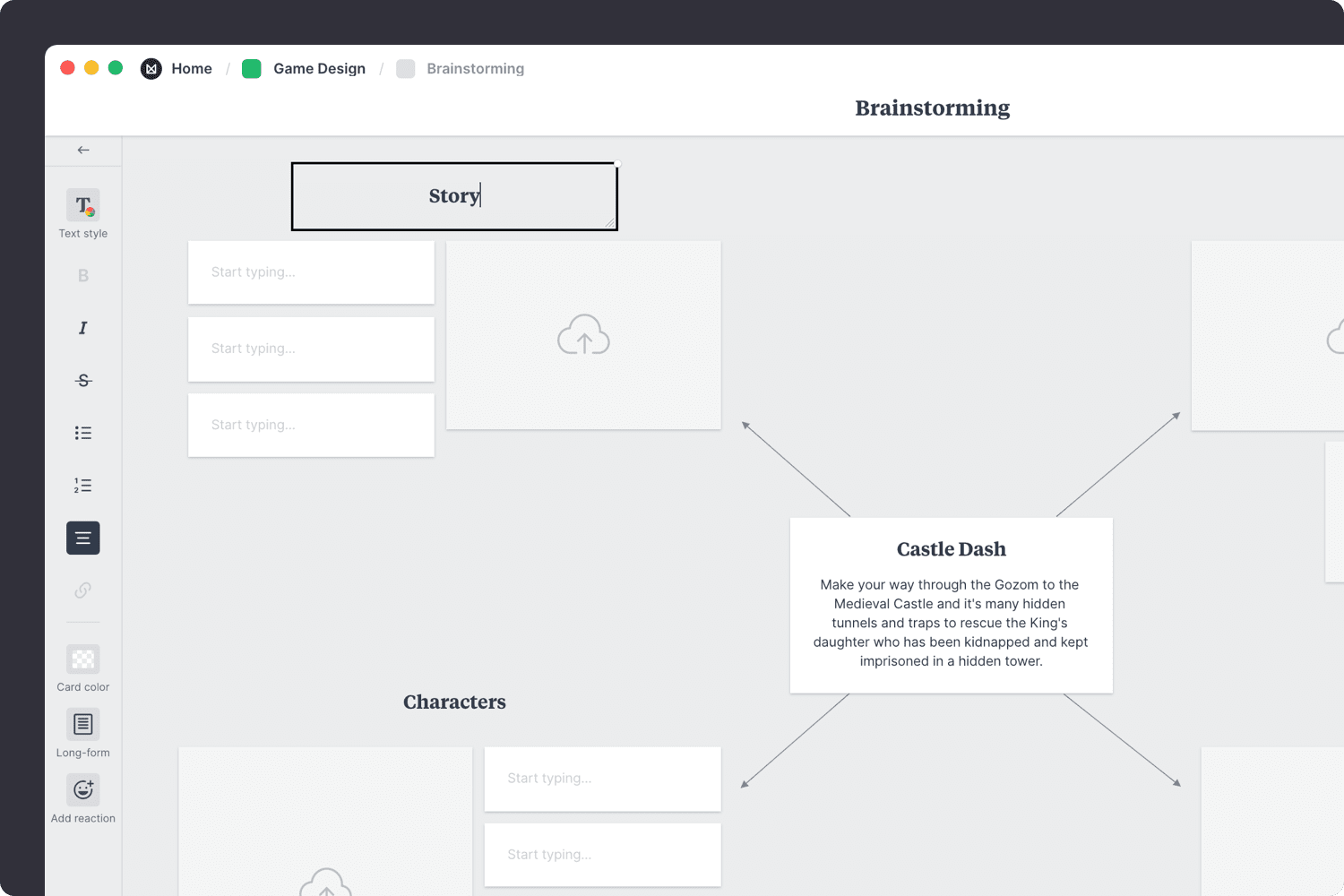 Game design brainstorming template themes