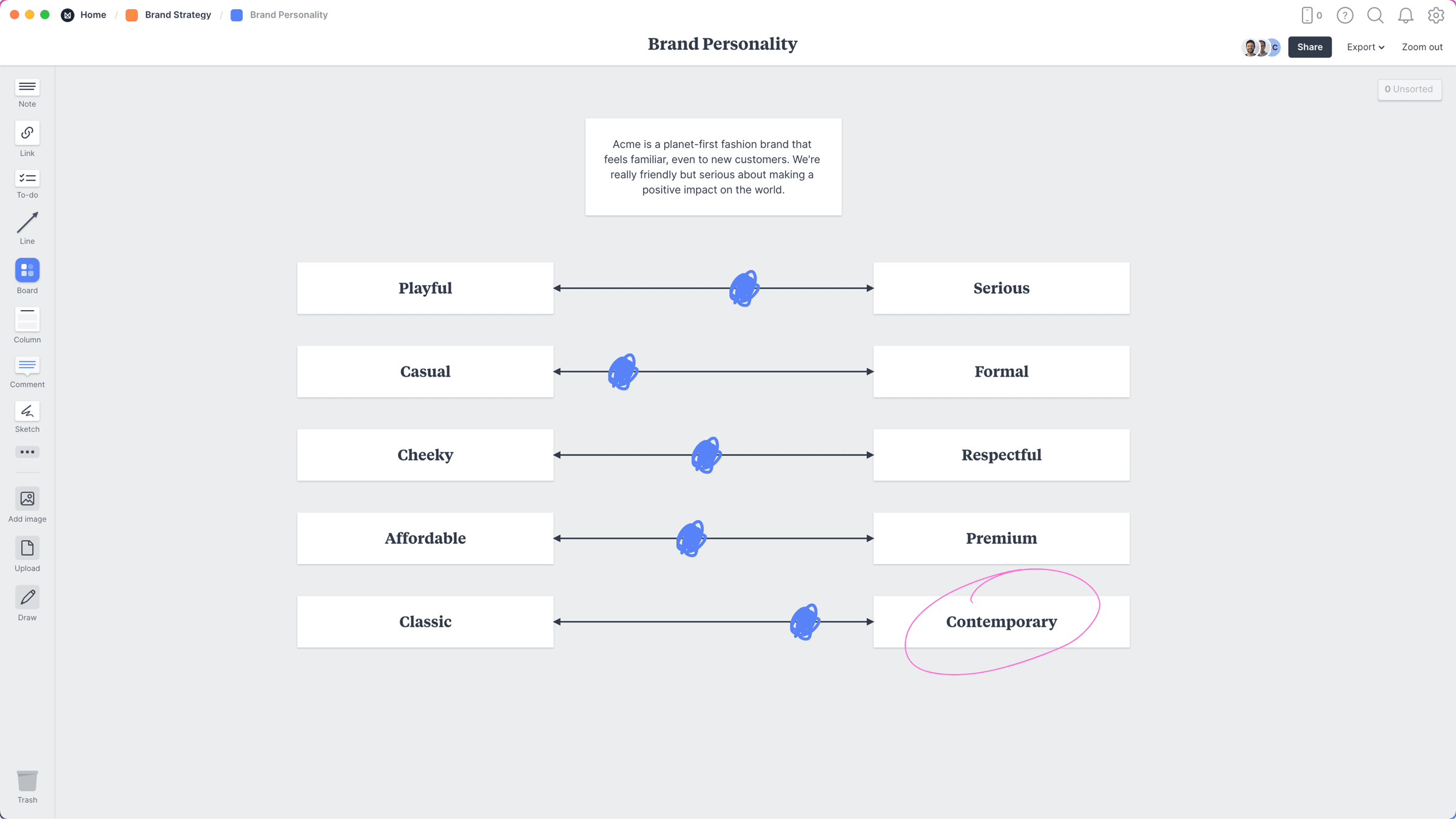 Brand Personality Template, within the Milanote app