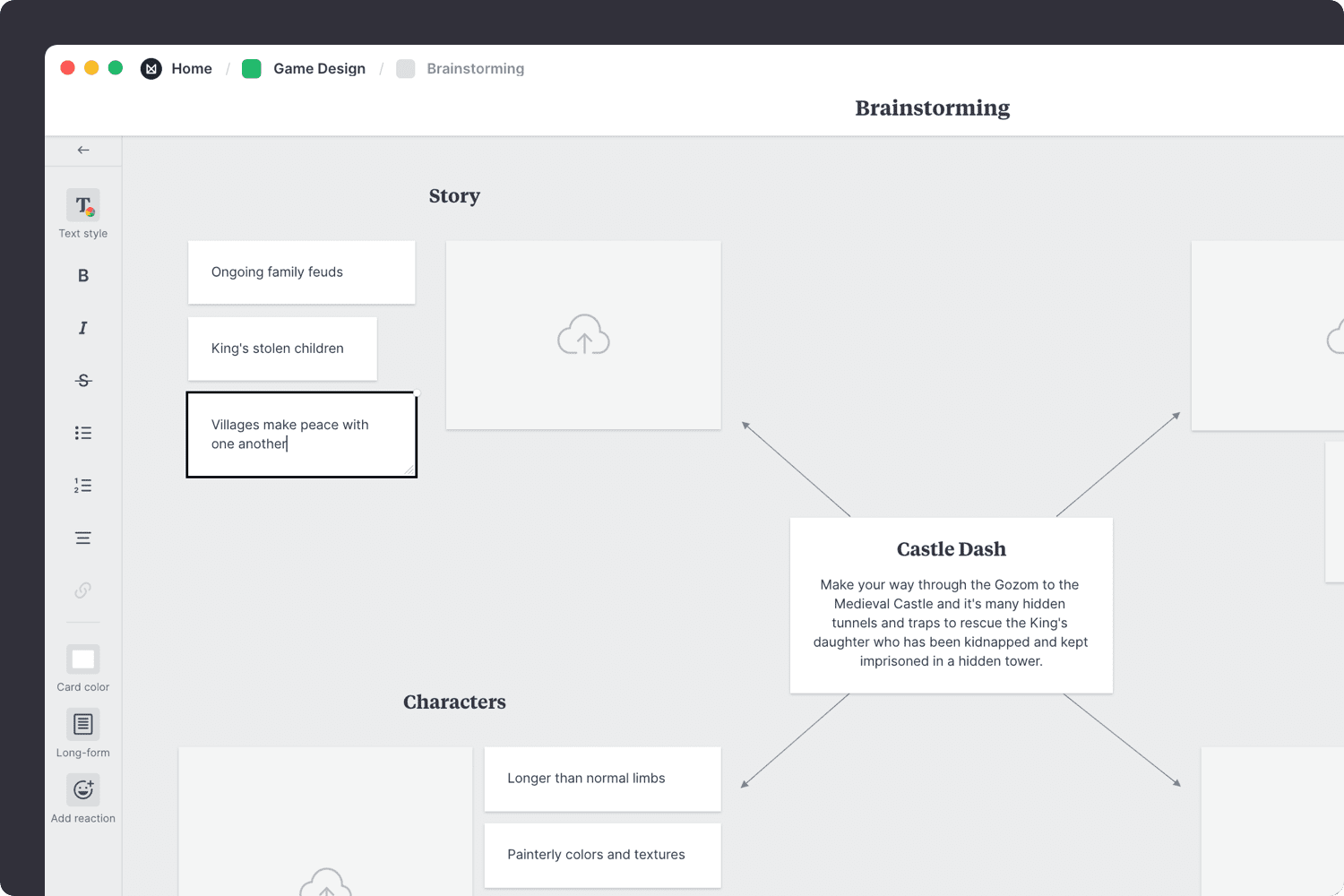 Game design brainstorming template adding ideas