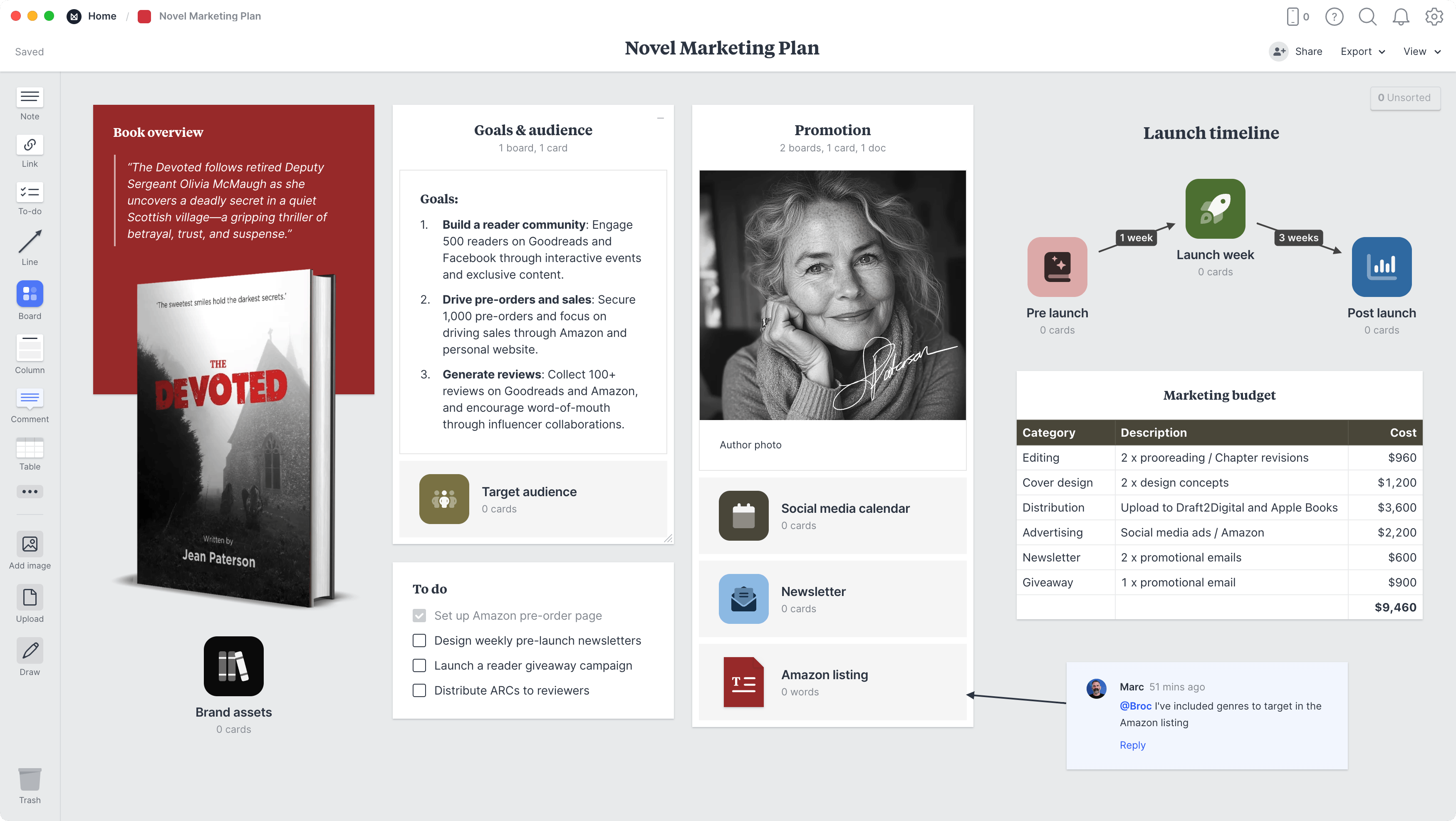 Novel Marketing Plan Template, within the Milanote app