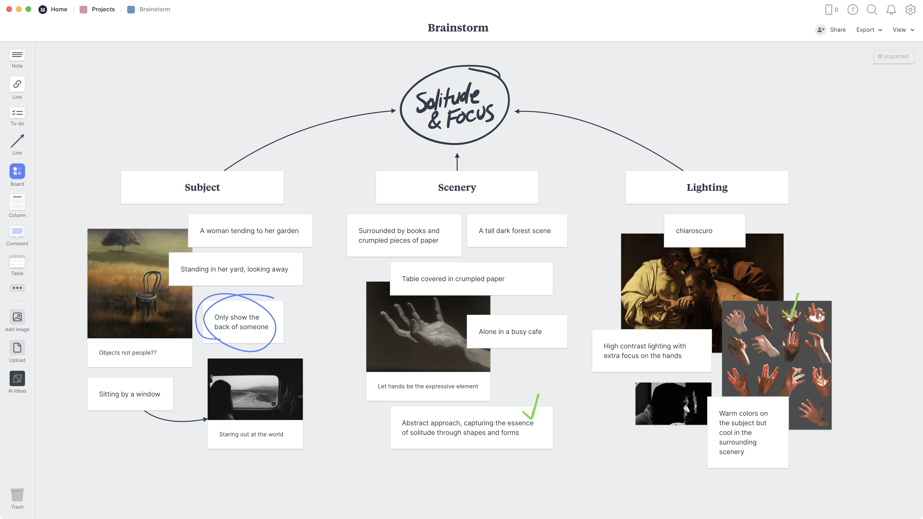 Visual Art Brainstorming Template, within the Milanote app