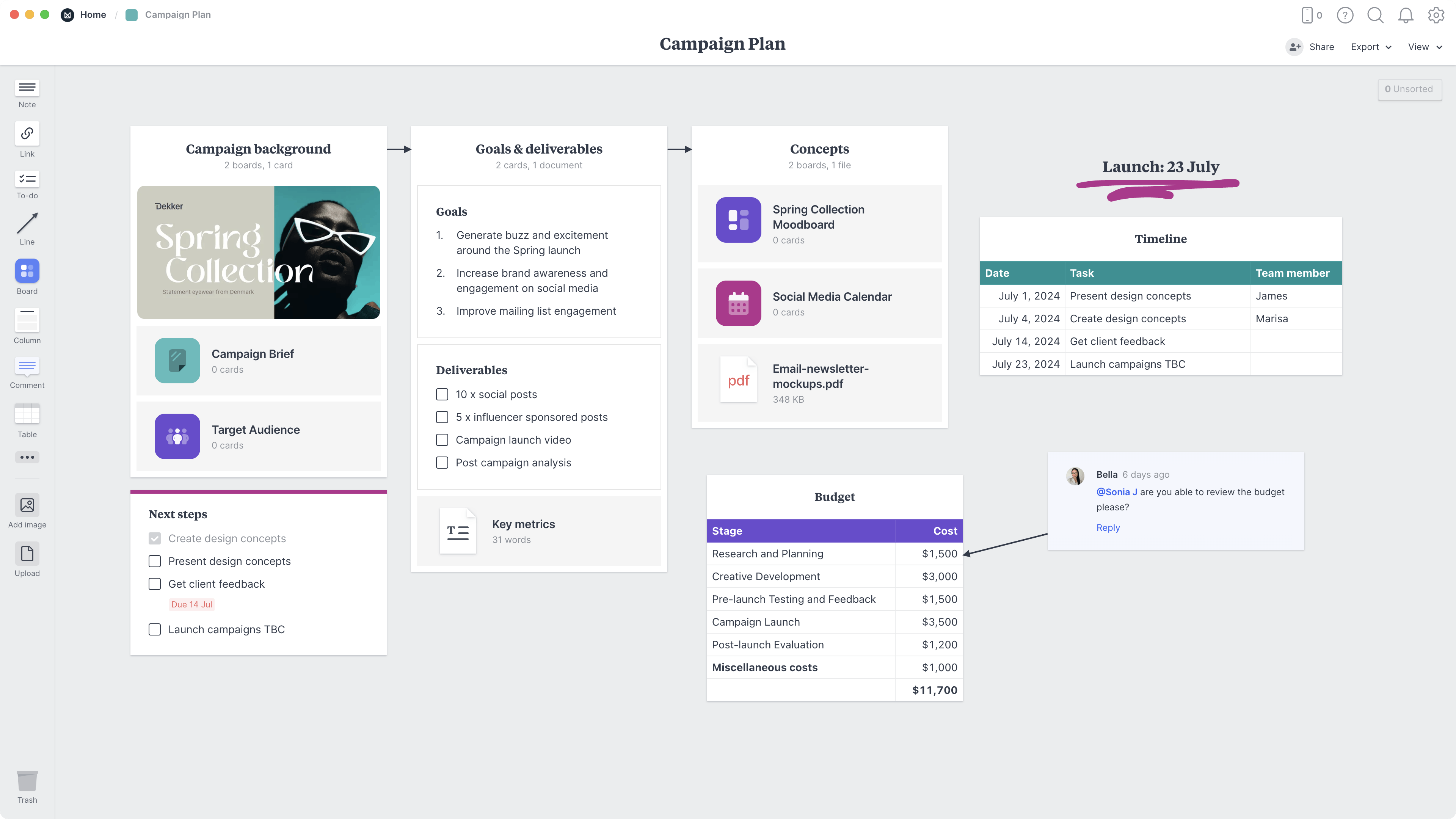 Campaign Plan Template, within the Milanote app