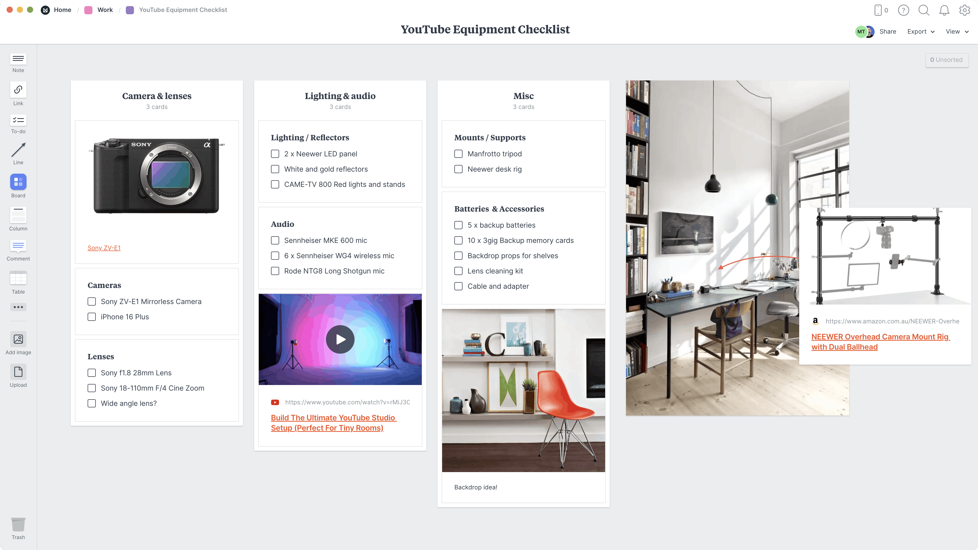 YouTube Equipment Checklist Template, within the Milanote app